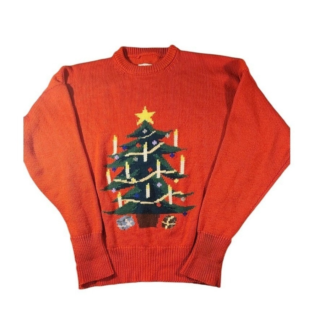 Vintage Christmas Tree Sweater IntarsiMens Large Merino Wool Holiday Pullover UK